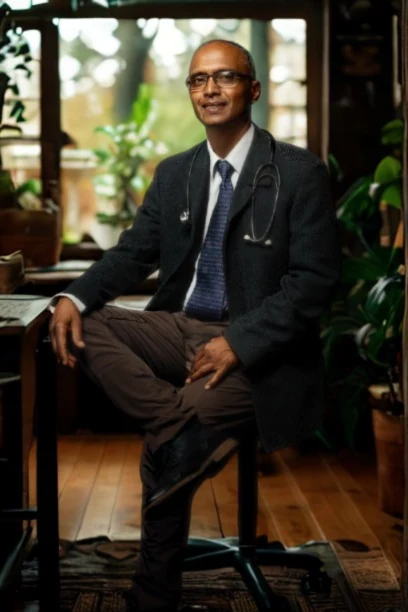Dr. Srinivasan Govender (Dr. Srini) during a mindful consultation in Cape Town